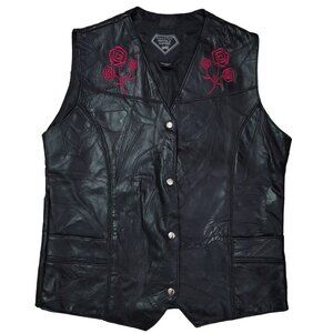 Vintage Buffalo Leather Co. Black Leather Vest With pink Rose Embroidery Size 2X